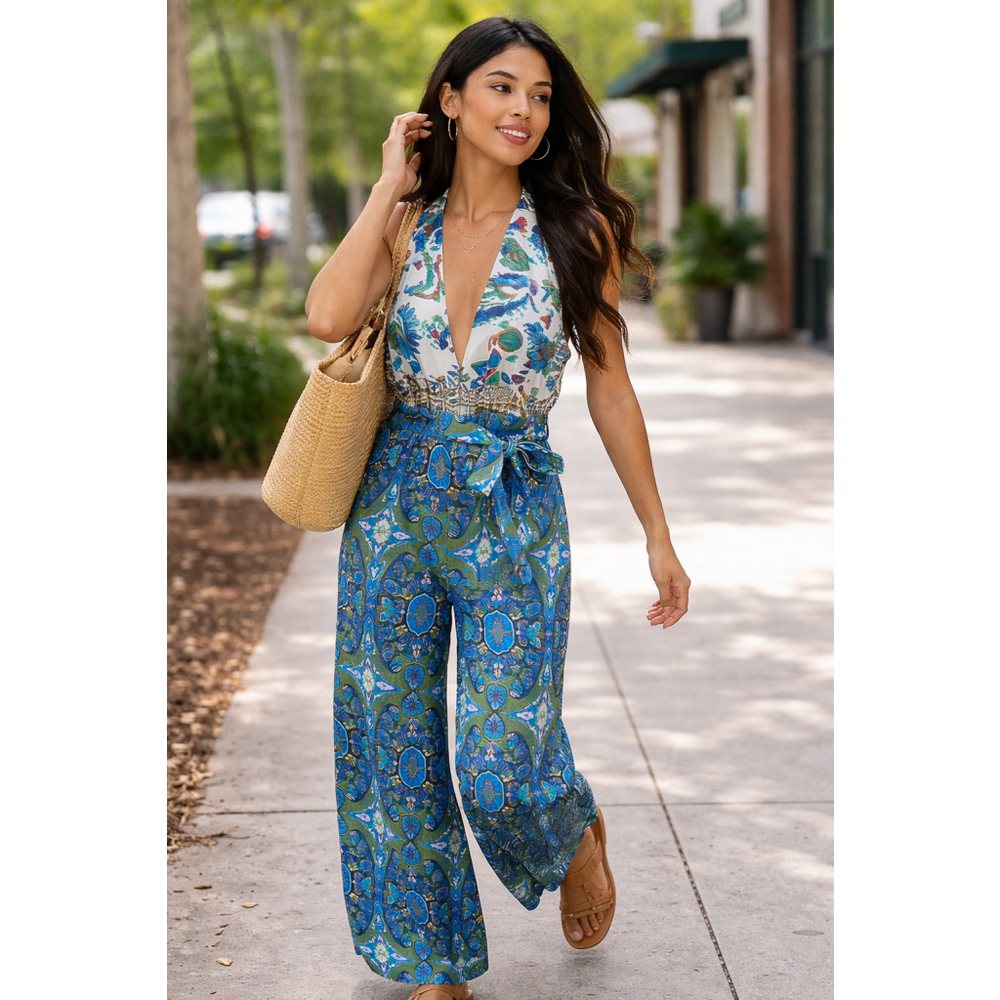 Zara XS Halter Jumpsuit Belted Wide Leg Boho Print Blue Resort Vacation